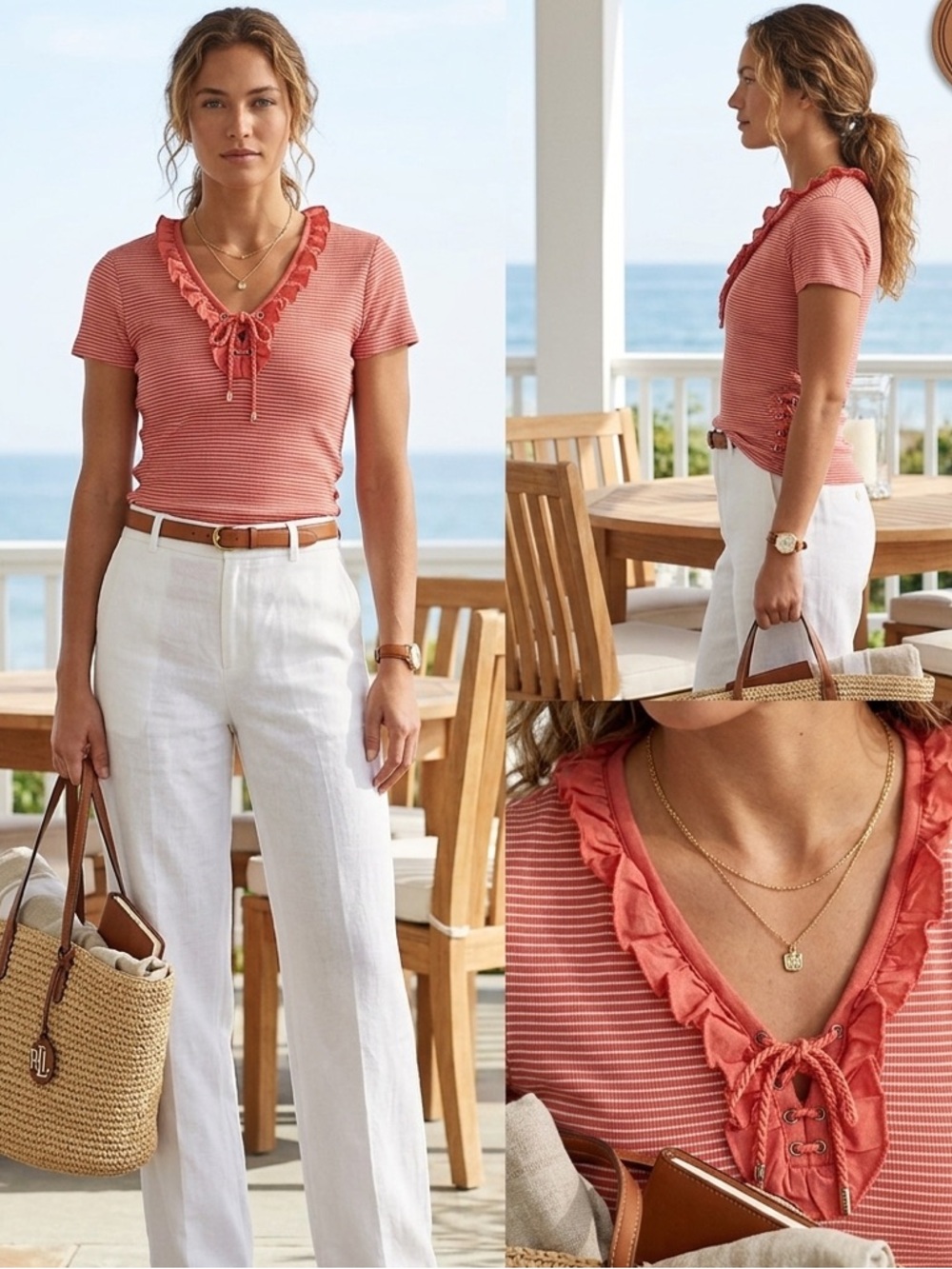 Lauren Ralph Lauren Petite Red Striped Ruffle Lace Up Top